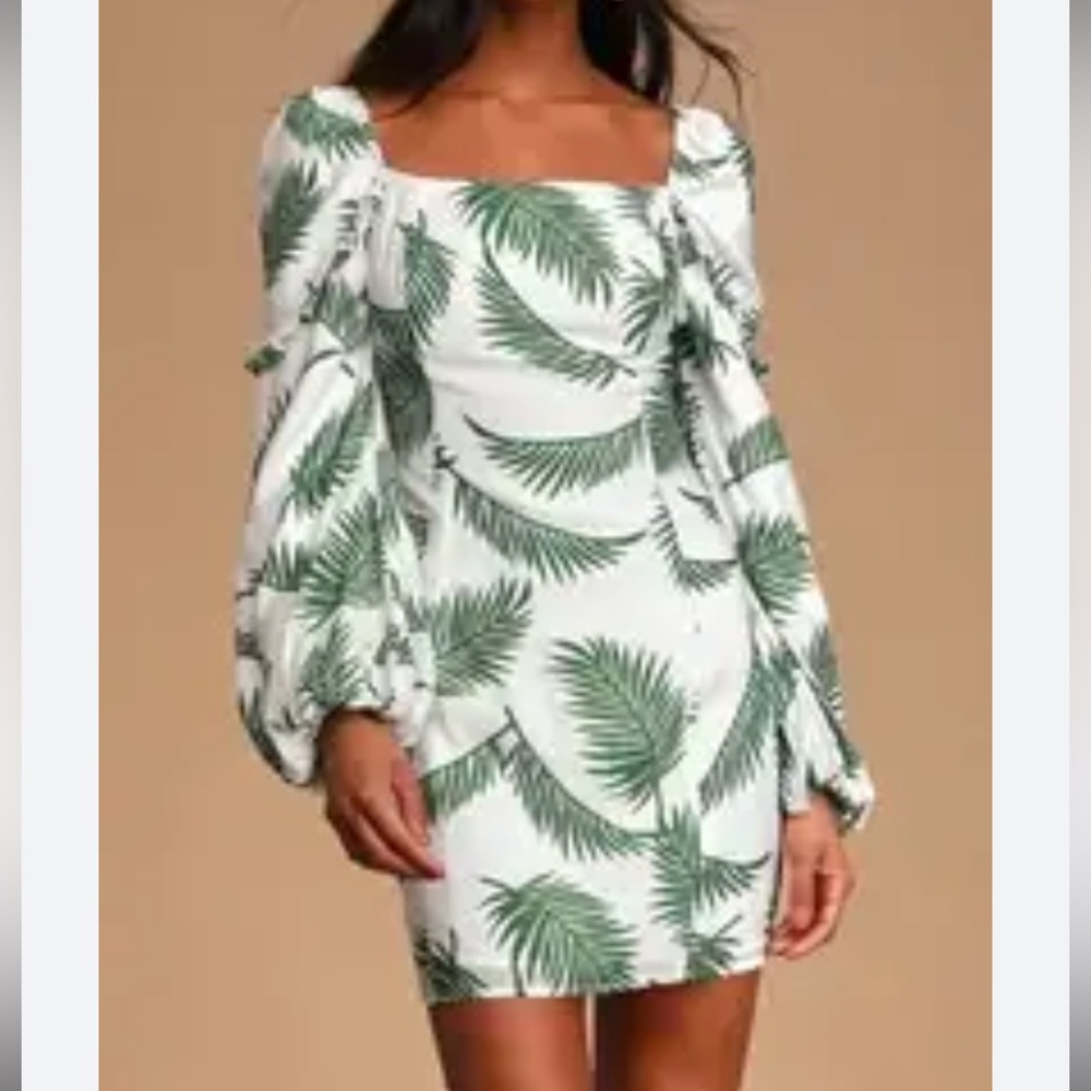 Tropical Lulus Mini Dress Square Neck Puff Sleeve Palm Leaf  Green White Small